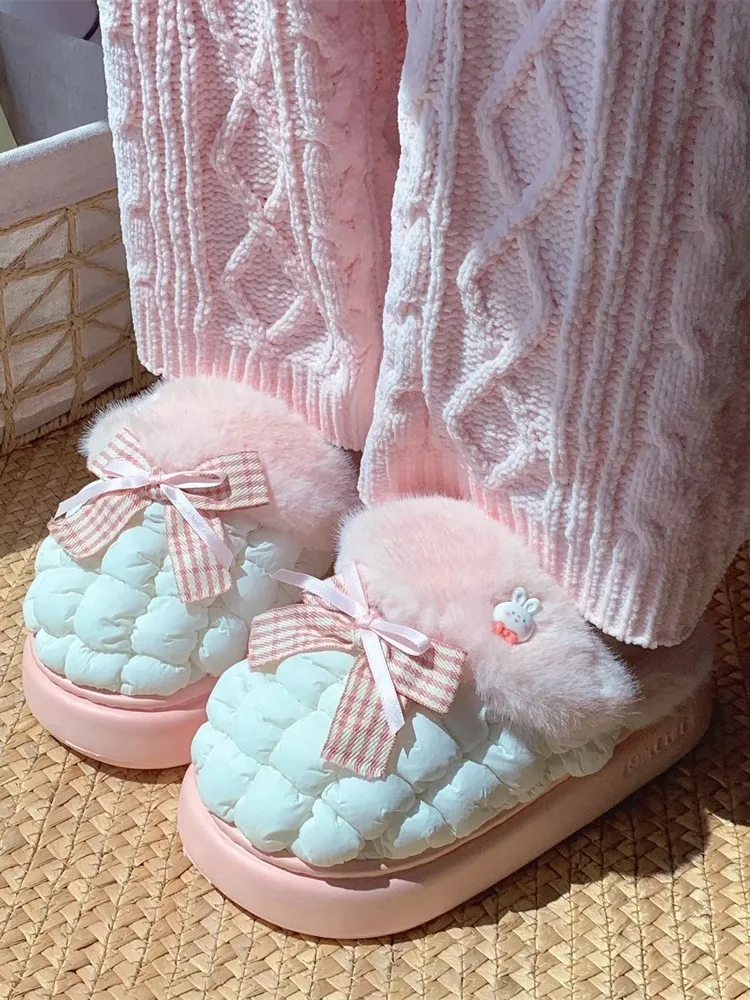 Funny Cute Rabbit Bow Cotton Home Slippers For Women Indoor And Outdoor Non Slip Warm Winter Household Slippers Postpartum Shoes