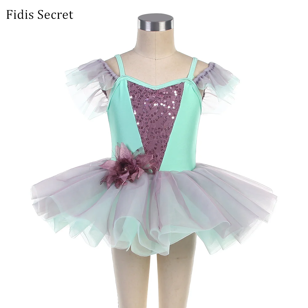 

Newest Kids Camisole Shiny Sequins Ballet Dance Leotard Dress w/ Green Tulle Tutu Skirt,Girls Stage Performance Dancing Costumes