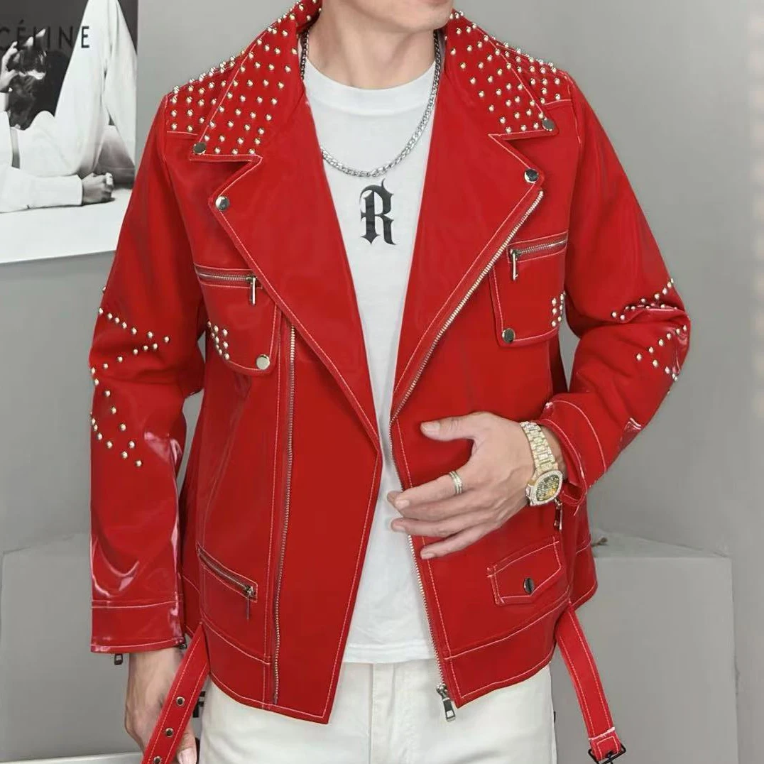 

Motorcycle Jacket Metal Rivet Decoration Mens Leather Jacket Top Quality Luxury Punk Club Outfit Jacket MenCoat Jaqueta Bomber