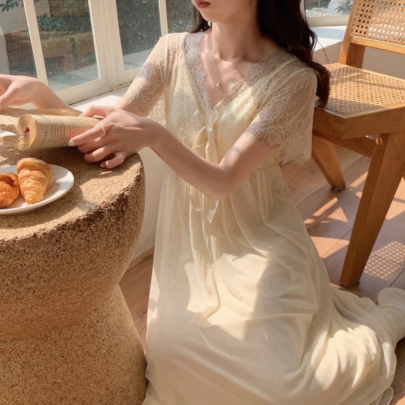 

Sweet Fairy Summer Mesh Night Dress Women Princess Sleepwear Nightwear Vintage Lace Short Sleeve Nightgown Sexy Long Nightdress