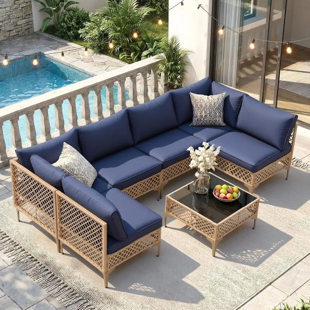 

7-Piece Outdoor Wicker Sectional Patio Furniture Set with Cushions and Glass Table for Backyard, Poolside, Porch (Yellow/Blue)