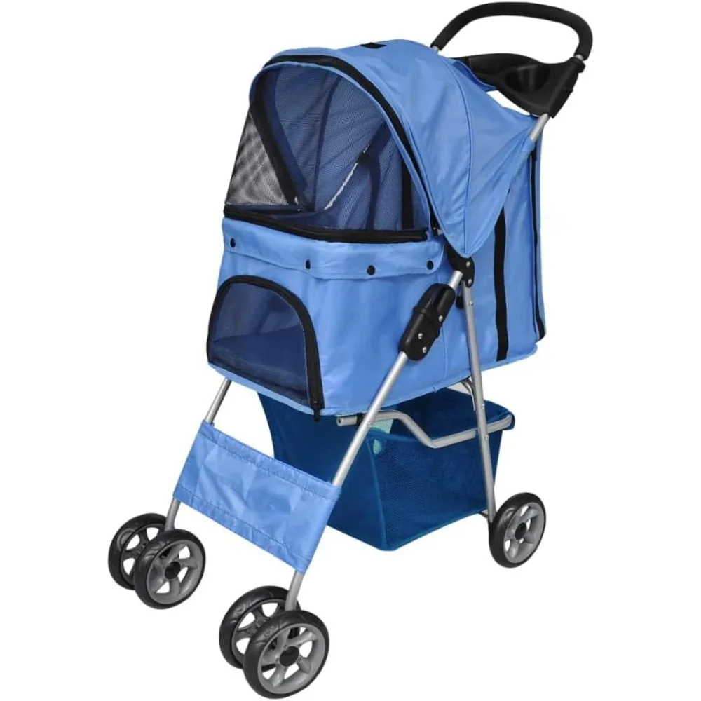 Портативная синяя коляска для собак и кошек |   Складные конструкции, устойчивые к атмосферным воздействиям, запираемые колеса, подходящие для средних пород собак