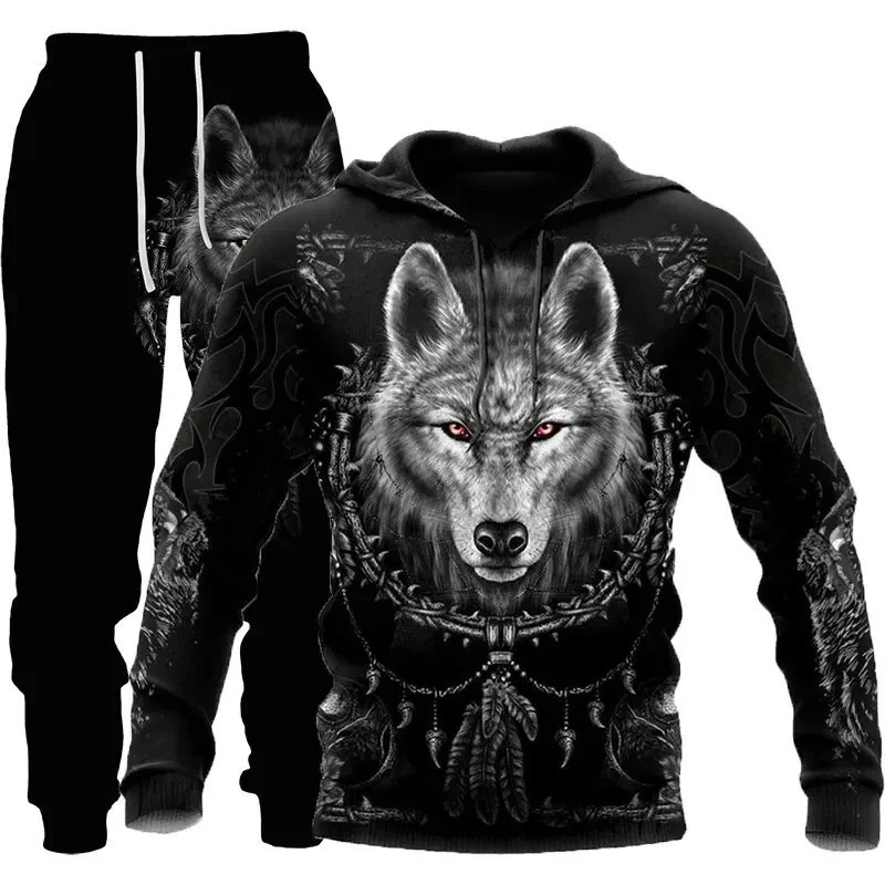 Conjunto de chándal informal para hombre y mujer, traje de 2 piezas con estampado 3D de tatuaje de tótem de Lobo, Sudadera con capucha y pantalones,