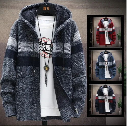 Autumn Winter Men's Fleece Thickened Sweater Loose Color Matching Knitted Sweater Long-sleeved Sweater Jacket Cardigan