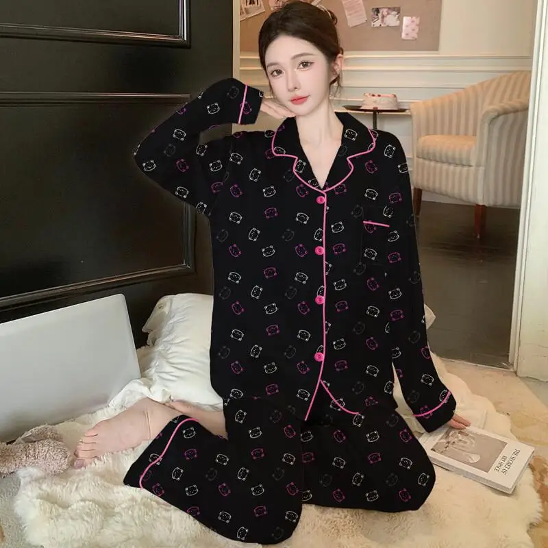 

Sanrio Hello Kitty Sweet Casual Pajamas Two Piece Set Women Homewear Thin Long Sleeve Long Pants Spring Autumn Korean Stylish