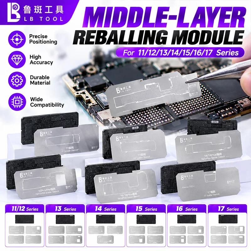 LB Tool Middle Layer Reballing Module For iPhone 11-17 Motherboard BGA Solder Stencil Set Mainboard Repair Tin Planting Tools