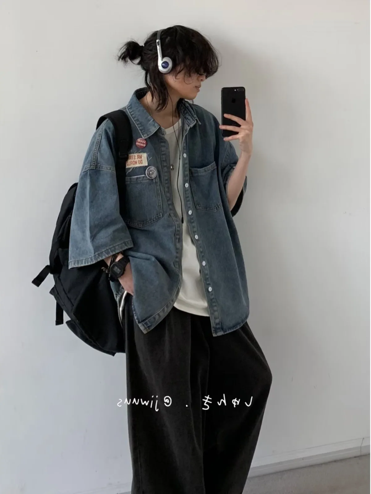 American Cityboy Washed Denim Short Sleeved Shirt Men's Versatile Loose Fitting Shirt Denim Jacket Trendy Coat - Image 3