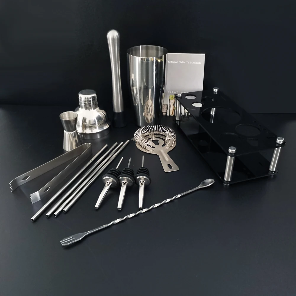 13 Piece 750ml 600ml Cocktail Shaker Set Stainless Steel Bar Tools with Black Stand, 750ml Shaker, Jigger, Spoon, Pourers