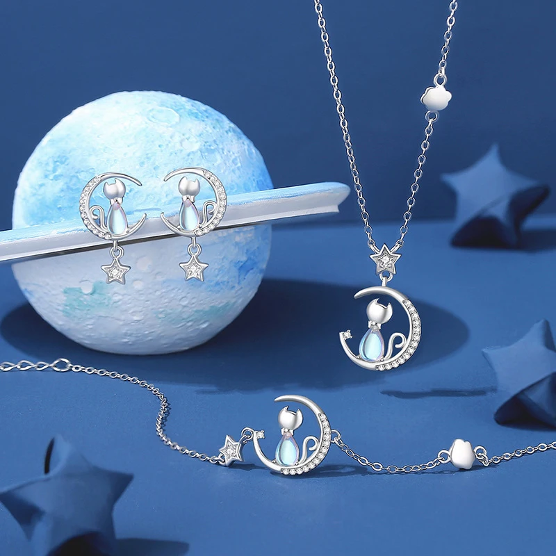 Pendientes de plata de ley S925 para mujer y niña, aretes de circonia cúbica AAA, luna, estrellas, gato, regalo de fiesta de cumpleaños, joyería europea, novedad