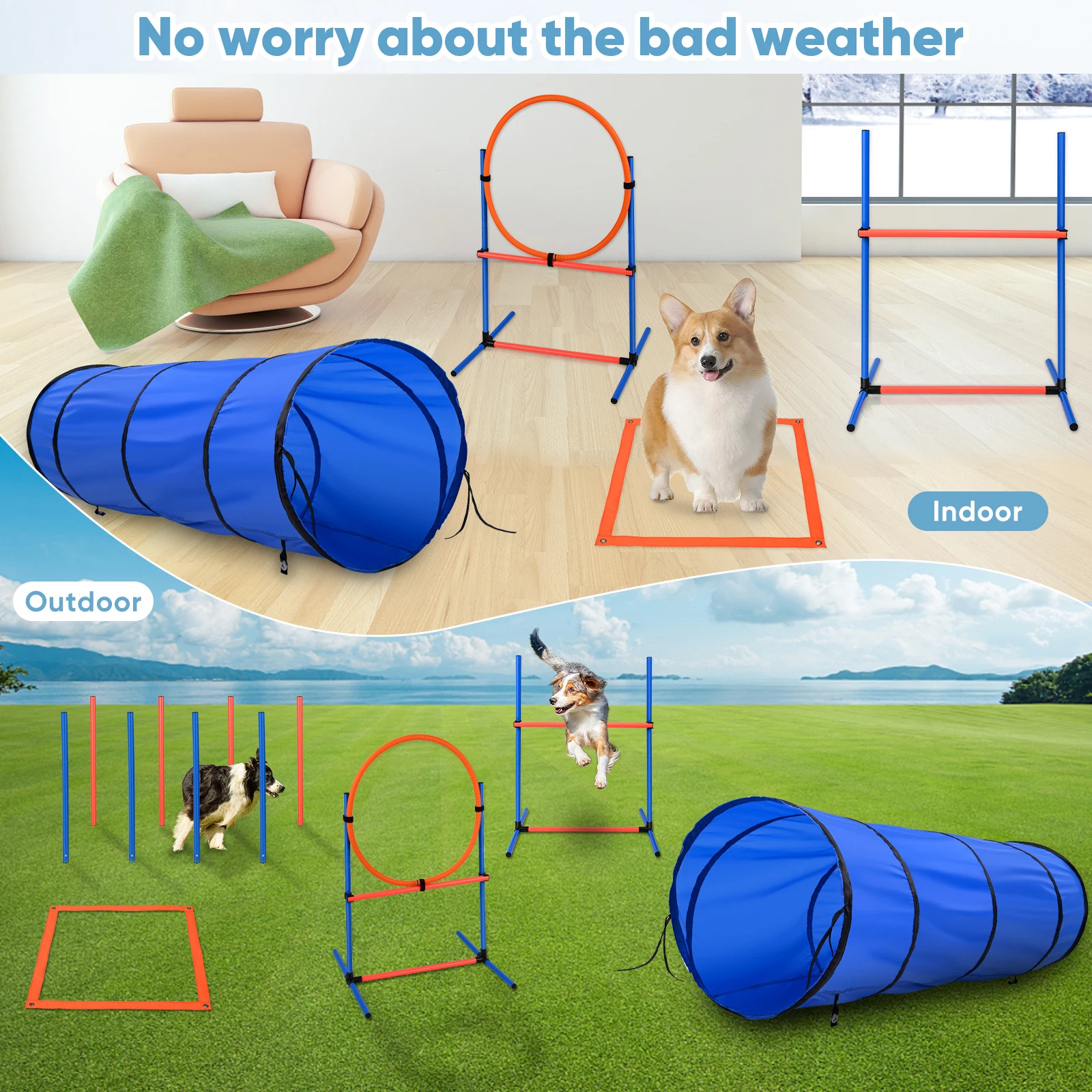 Kit d'entraînement d'agilité pour chiens, 5 pièces, tunnel d'agilité pour grands chiens, pour entraînement en parc, cour, intérieur et extérieur