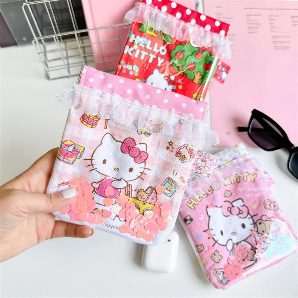 Cartoon Sanrios Hellokittys Sandwich Sequin Girl Sanitary Napkin Storage Bag Anime Kawaii Elastic Magnetic Beam Mouth Makeup Bag