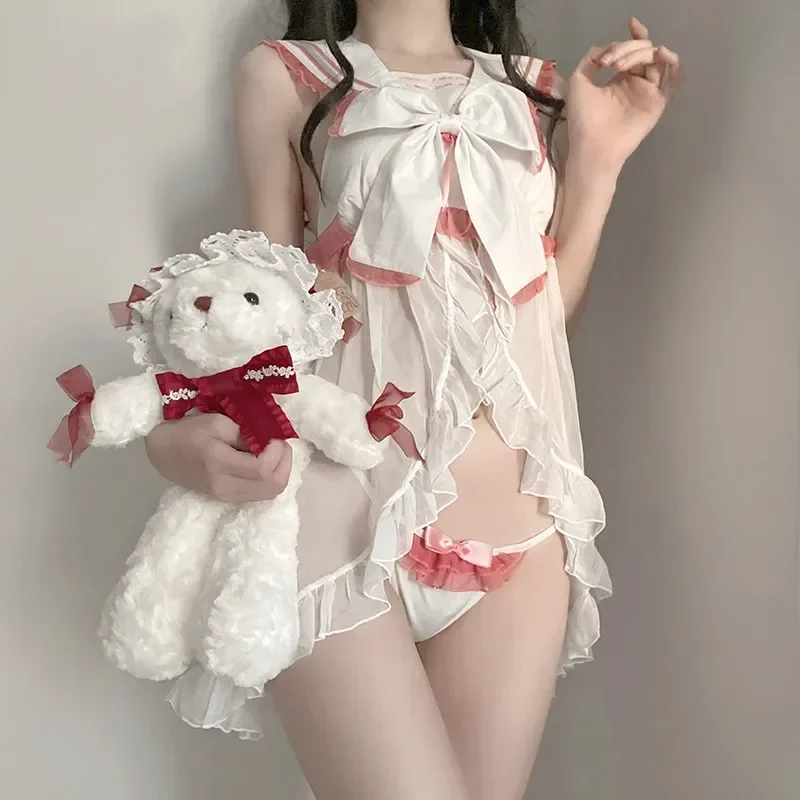 

Bear House AA Lolita Cute Moon Sexy Net Yarn Transparent Front Open Bow Navy Sailor School Girl Underwear Studen New 2025 WKD001