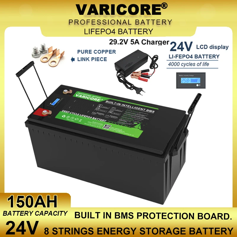 

VariCore 24V 150Ah 8 Strings LiFePO4 Battery 29.2v Lithium Iron Phosphate for Solar Energy Camping Off-Road Golf cart Tax Free