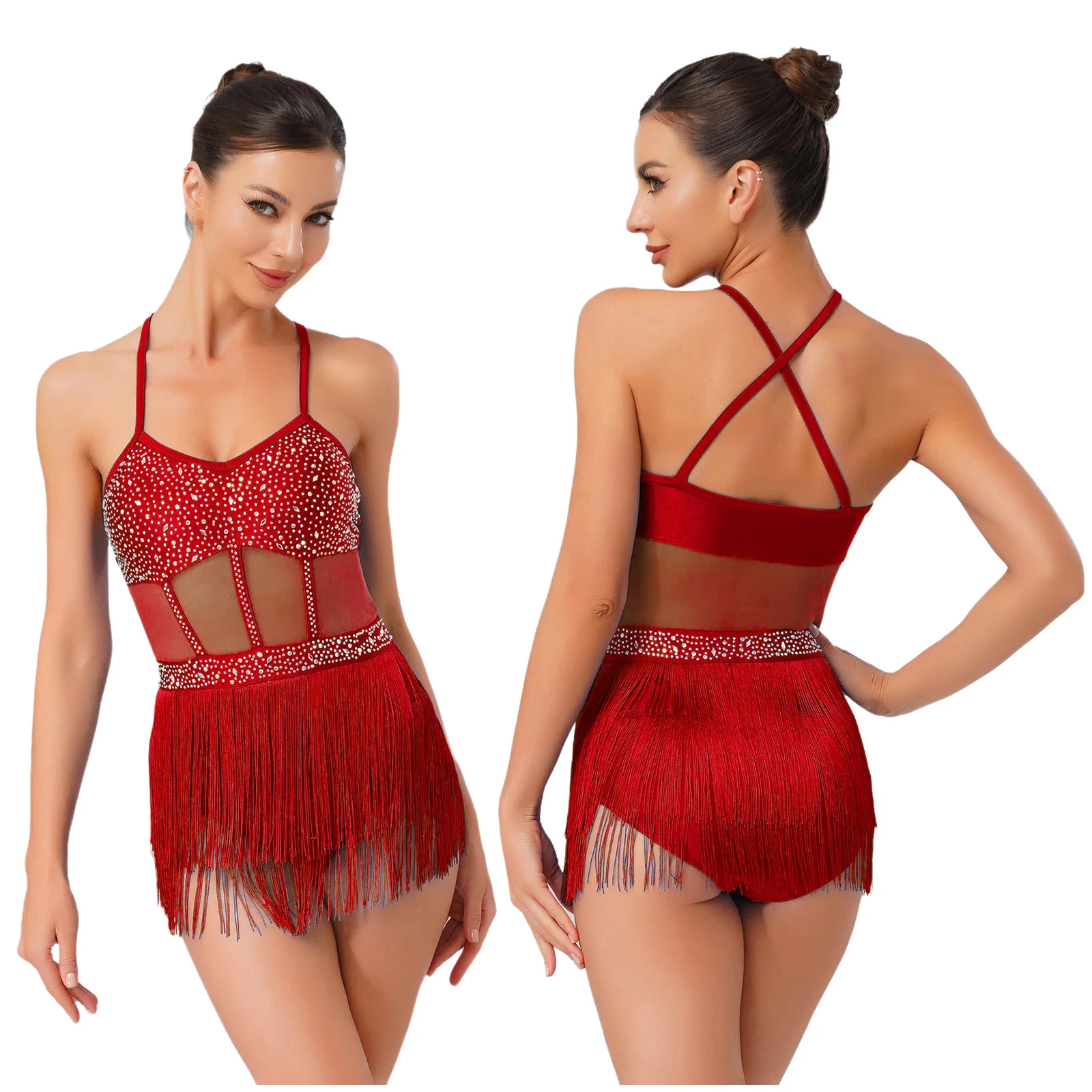 

Women Latin Jazz Dance Leotard Dress Salsa Tango Dance Costumes Sheer Mesh Patchwork Rhinestones Tassel Fringed Bodysuit Dress