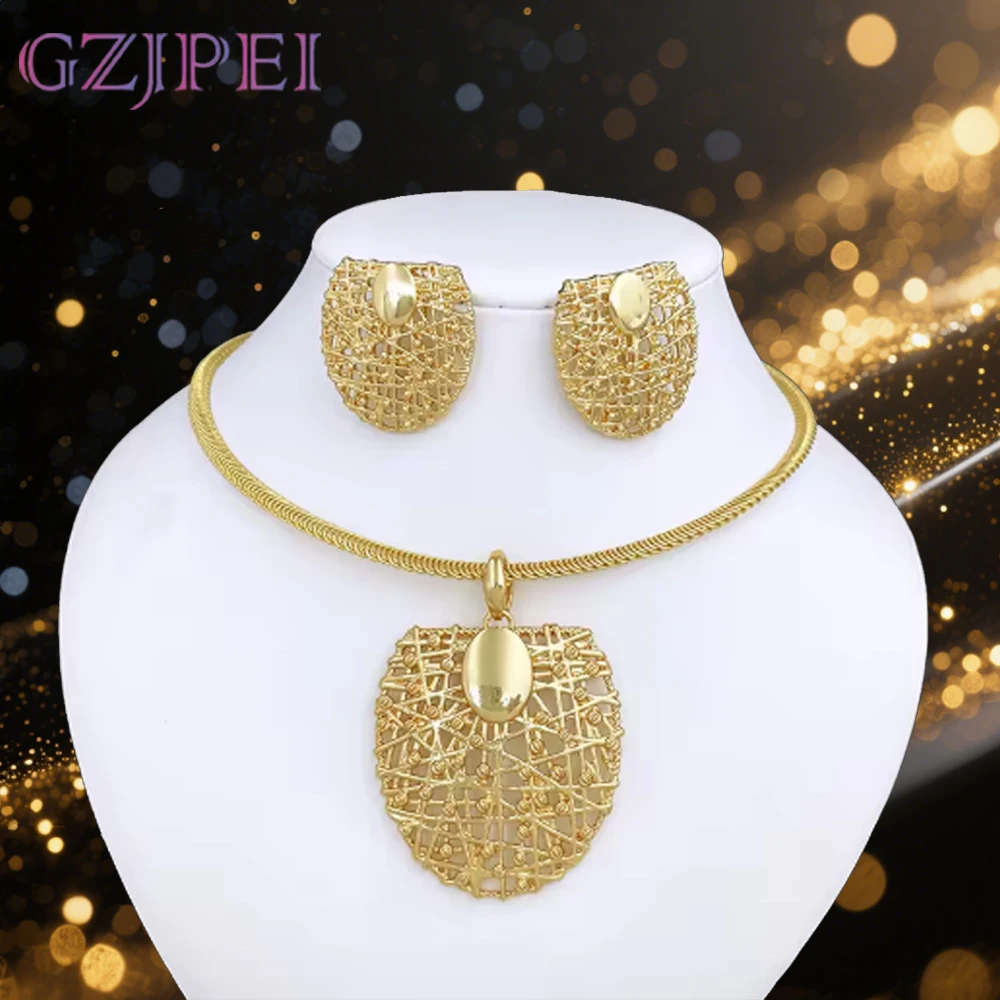 Gold Color Necklace Earrings Set For Women Unique Choker Pendant Earrings 3Pcs Set Jewelry Quality Accessories Free Shipping