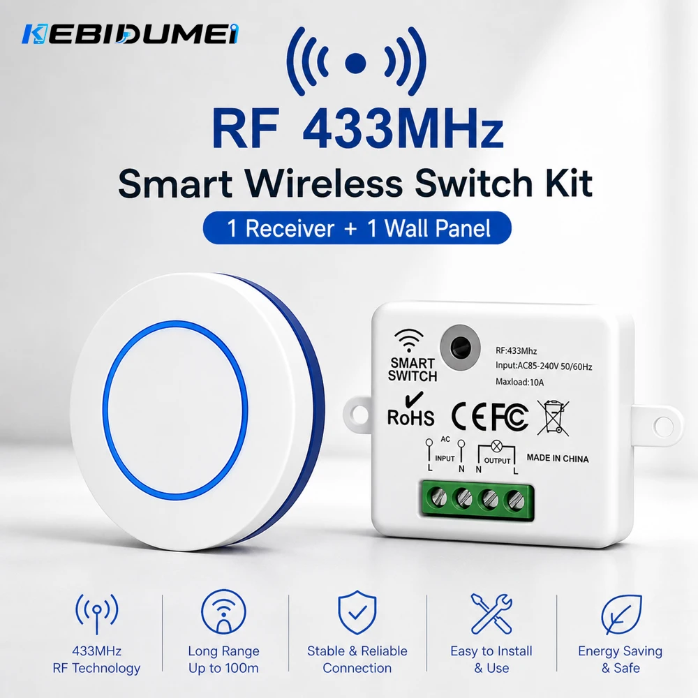 KEBIDUMEI RF433MHz Drahtloser 10A Relais-Empfänger Fernbedienungs-Lichtschalter 220V110V Mini Runder Taster Wandpanel-Schalter für LED – Detail 1