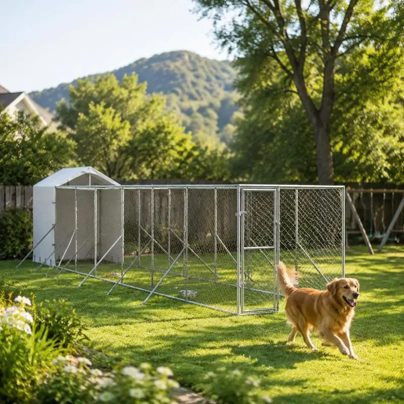 Perrera Exterior avec toit 2 x 14 x 2,5 cm, fabriqué en acier galvanisé résistant, porte avec fermeture de sécurité, design en maille ventilée, auvent protecteur en polyéthylène, grand espace pour