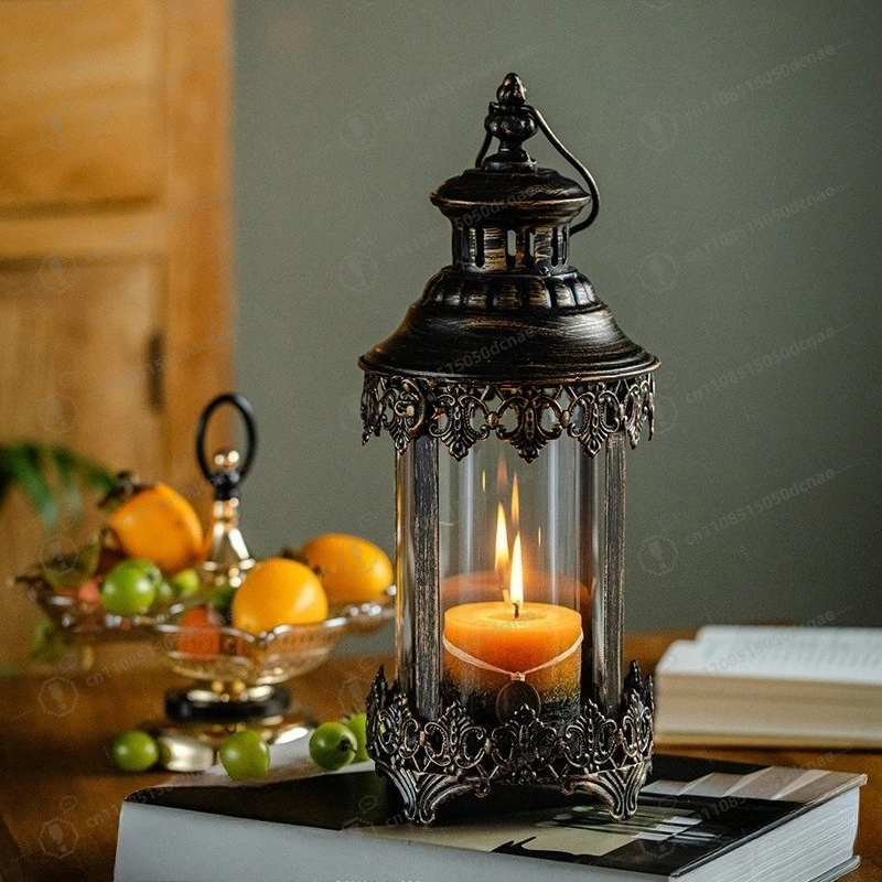 Retro wrought iron wind lamp European candlestick ornament outdoor camping windbreak lamp romantic candlelight dinner ornament