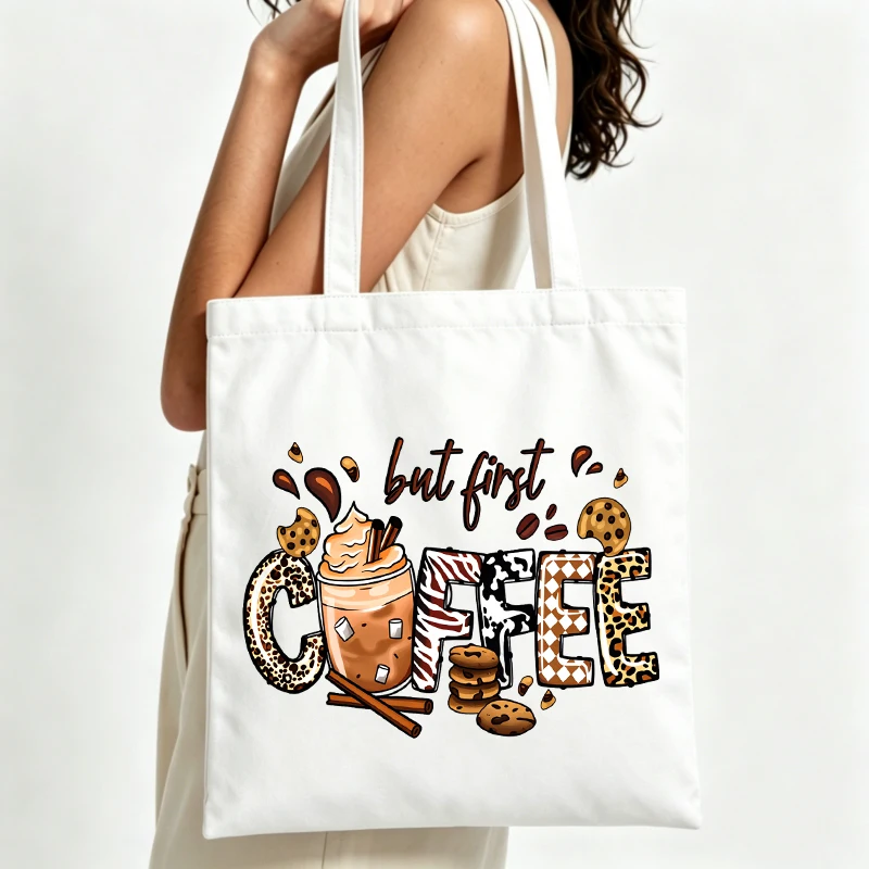 Women's coffee and cookie graphic canvas tote bag with letter print, perfect for casual daily use and coffee runs