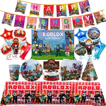 Roblox 생일 파티 장식 용품, Roblox 게임 축하 파티 풍선, 일회용 식기 컵 플레이트, 베이비 샤워 장난감