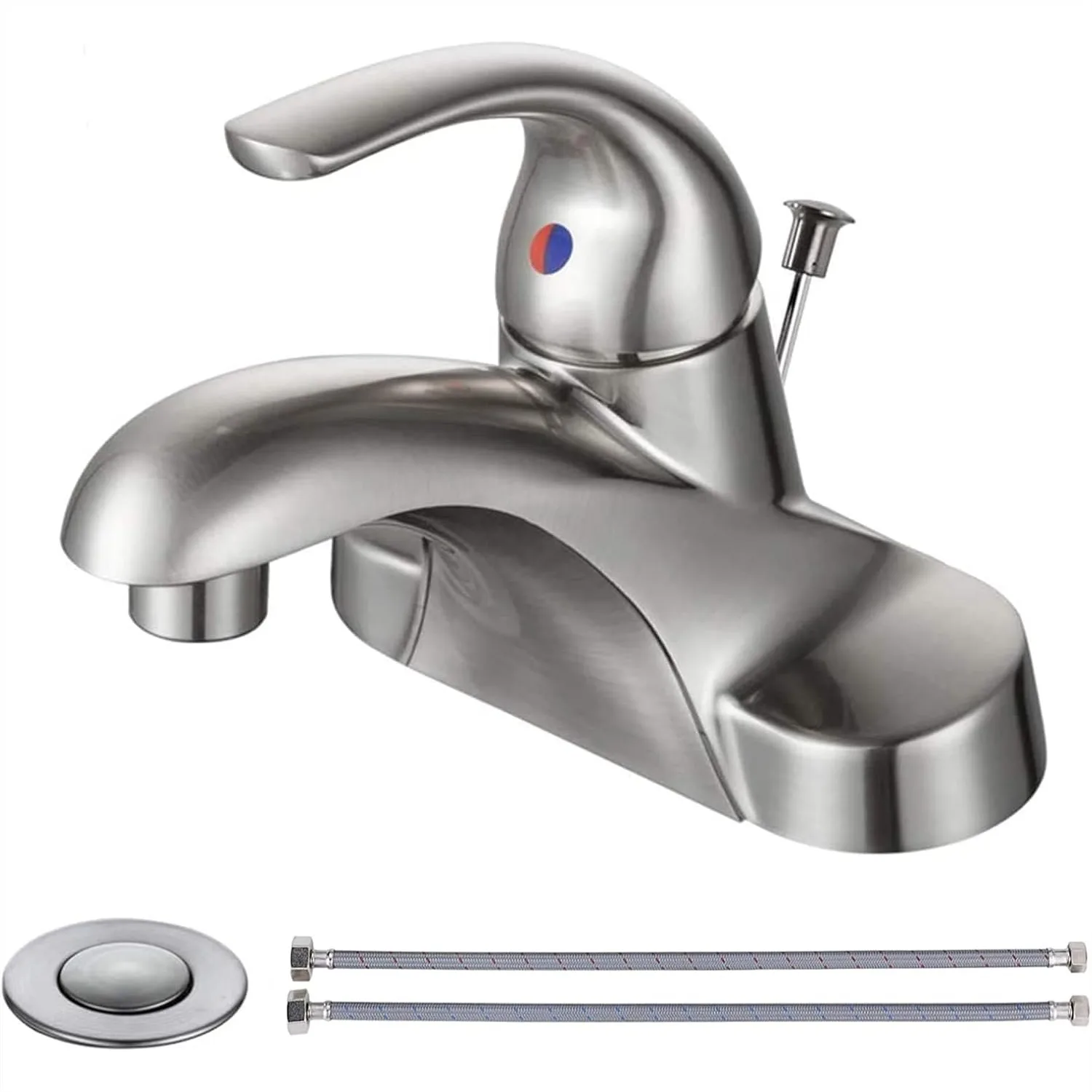 

Single Handle Bathroom Faucet with Pop Up Drain, 4 Inch Centerset Low Arc Brushed Nickel Sink Faucet for 3 Hole Vanity