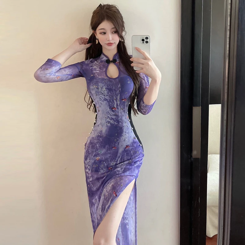 

Women Elegant Purple Qipao Party Dress Traditional Chinese Style Lady Slim Retro Cheongsam Sexy Split Dress Vintage Vestidos