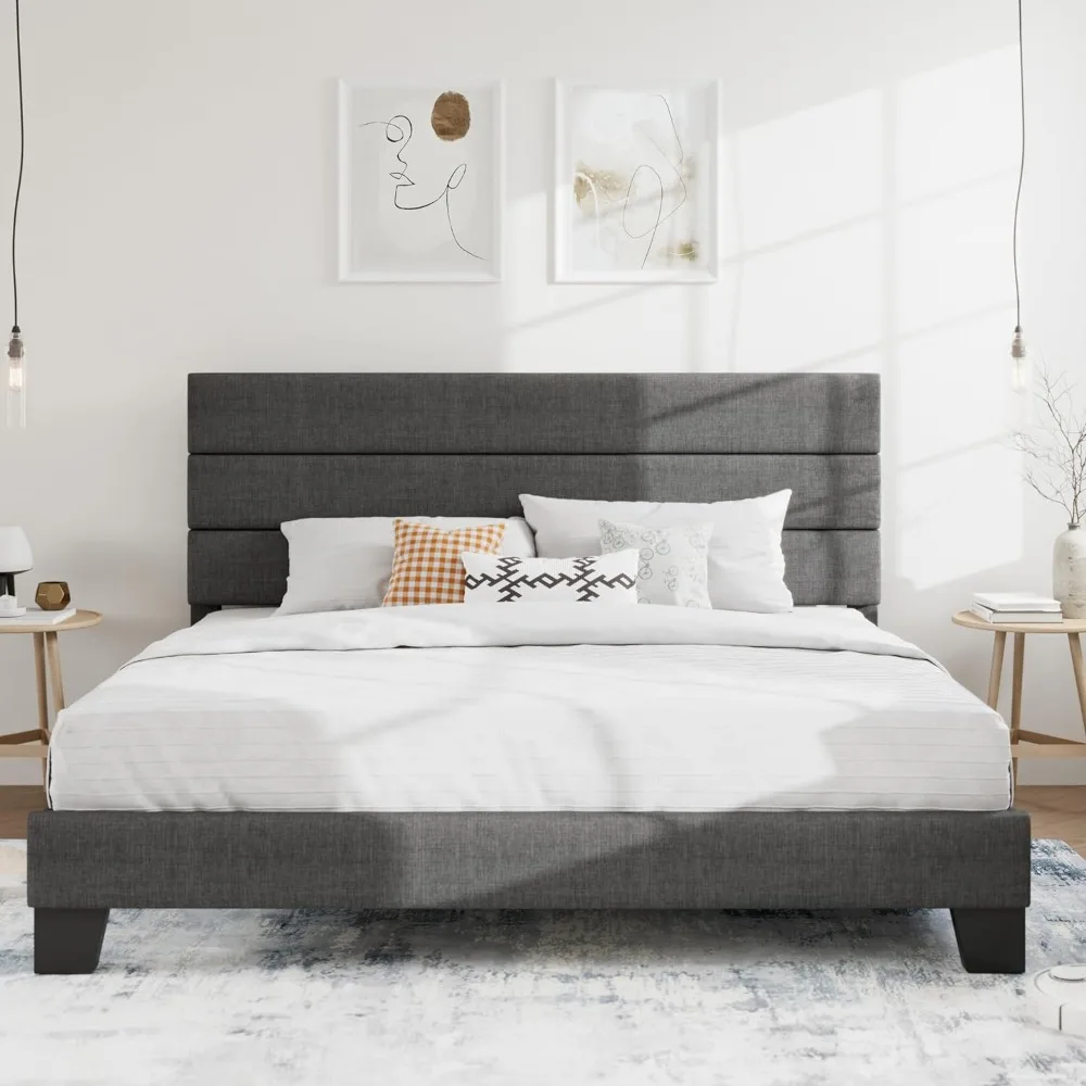 

Platform Bed Frame with Upholstered Fabric Headboard, Mattress Foundation with Strong Wooden Slats Support, No Box Spring Needed