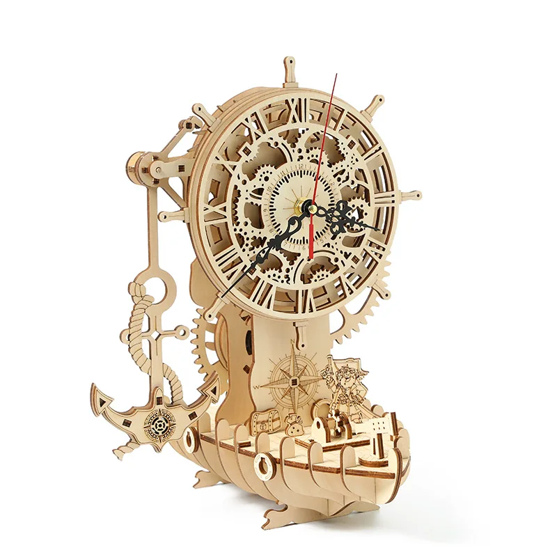OUZEY Horloge de bateau pirate en bois 3D - Kit de construction de maquettes mécaniques DIY, projet d'assemblage éducatif pour adultes et adolescents âgés de 14 ans et plus