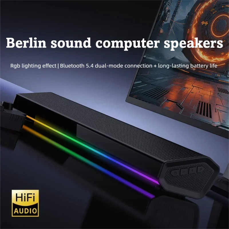 

Игровой саундбар Bluetooth, цветная LED-подсветка, стерео-басы 20 Вт, аккумулятор 1800 мАч, USB/TF/AUX, настольная колонка для ПК-игр и домашнего кинотеатра