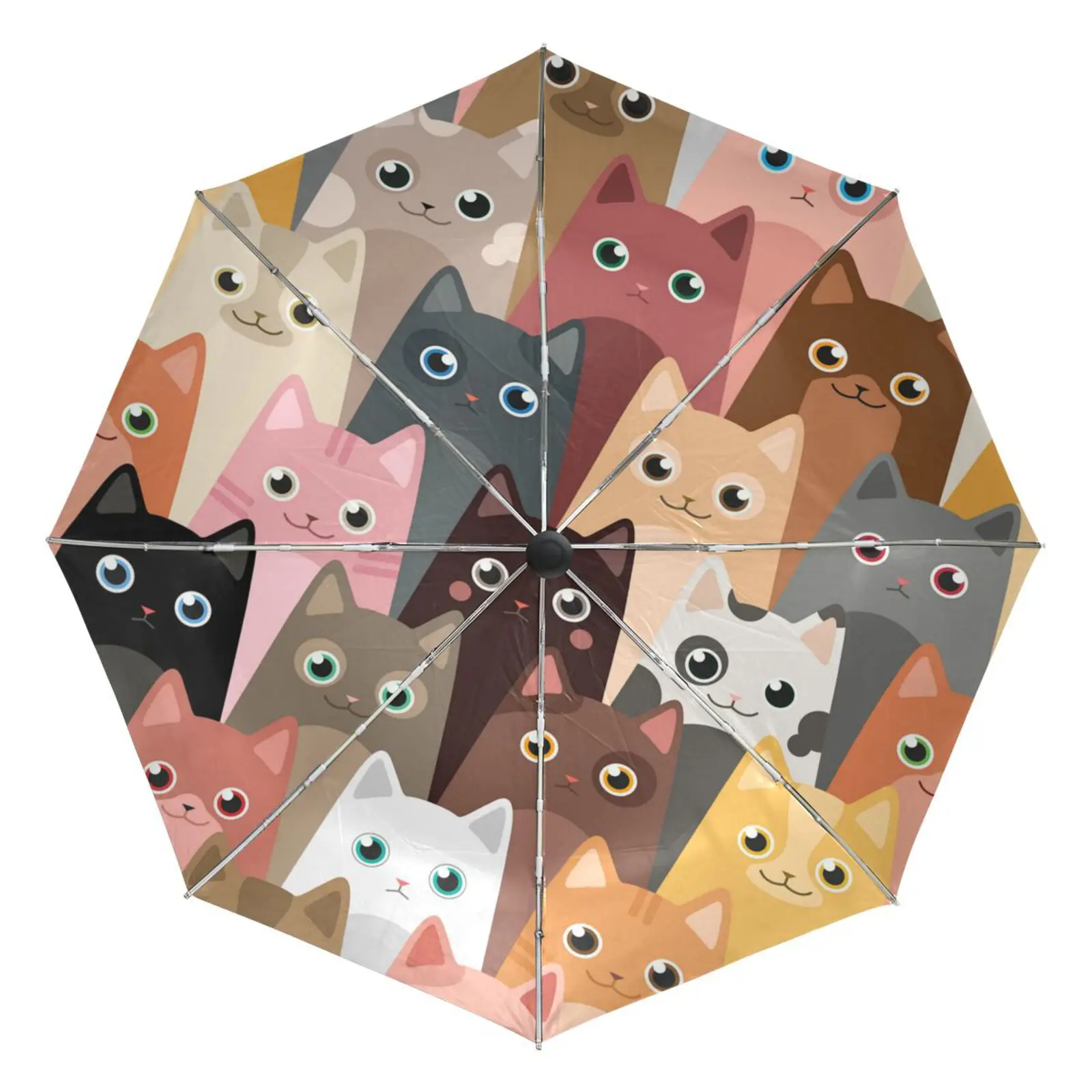 

Cartoon Cat Dog Print Women's Rain Umbrella Parasol Three Folding Automatic Umbrella Against The Sun Outside Black Coating