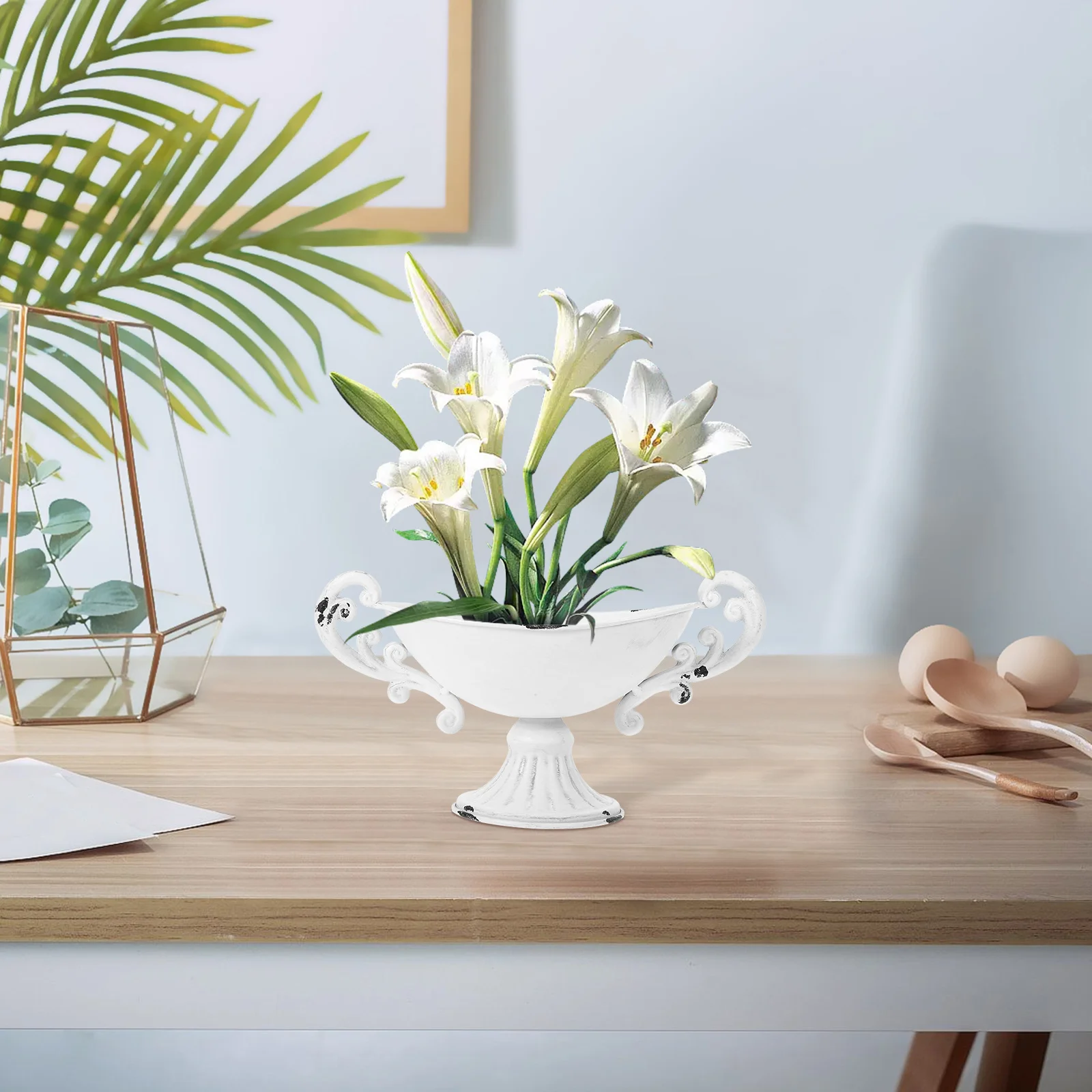 

Elegant Iron Urn Vase High Pedestal Design for Floral Arrangements Home Office Decor Outdoor Garden Decoration