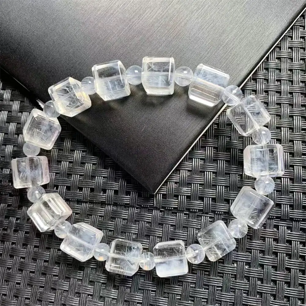 9MM Natural Blue Rutilated Quartz Cube Bracelet Fashion Crystal Quartz Gemstone Jewelry Reiki Healing Gift For Women 1pcs