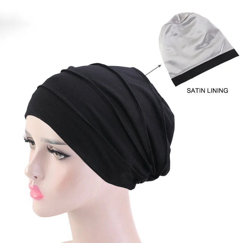 High Quality Wholesale Solid Color Unisex knit double layer satin lined beanie caps custom logo satin chemo hats