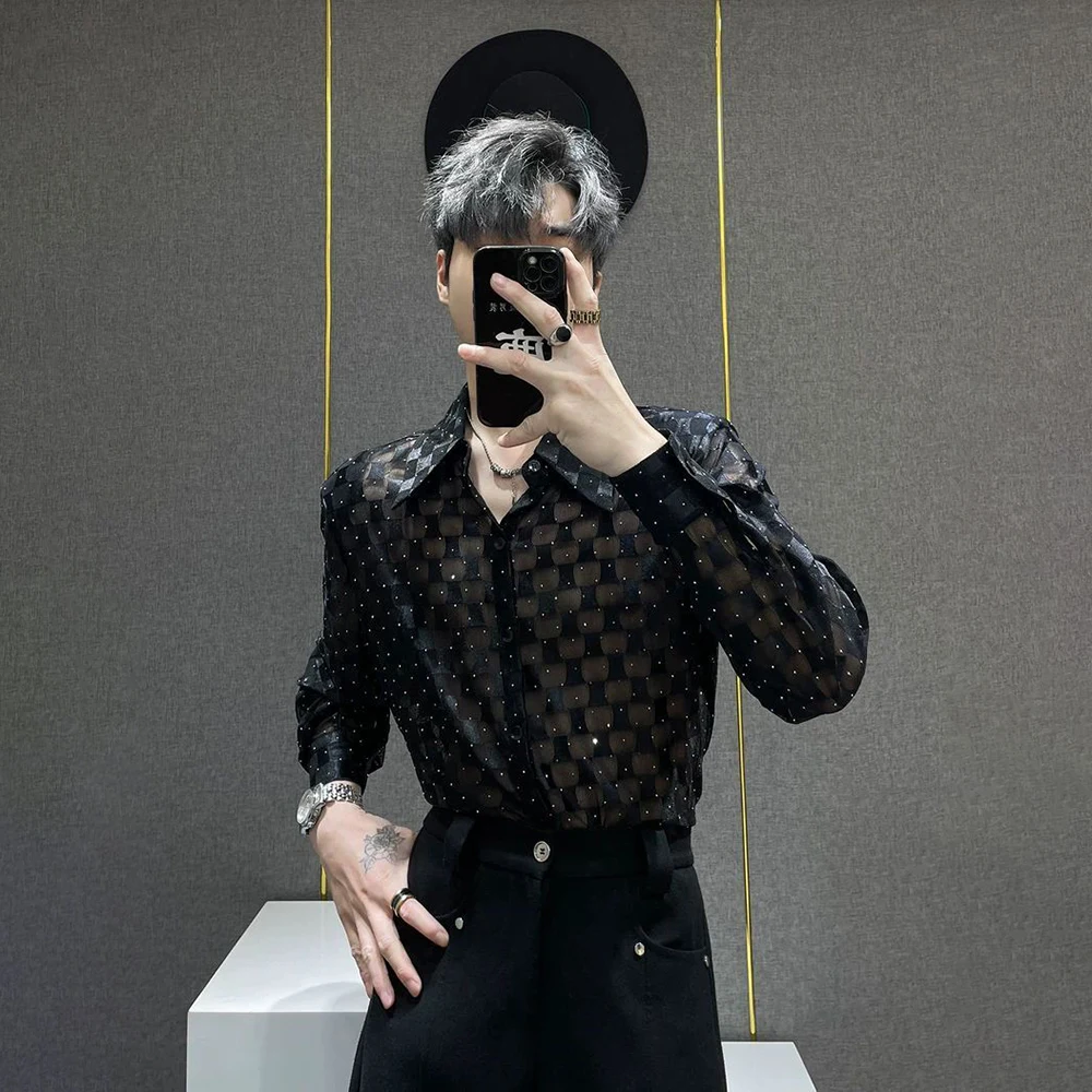 Mens Plaid Rhinestone See-Through Ballroom Shirt Streetwear Fashion Nightclub Stage Performance Long-Sleeve Top Men'S Clothing