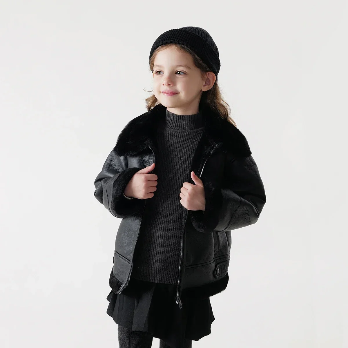 MARC&JANIE Boys Girls Fashion Faux Fur Leather Jacket Children's Thicken Warm Coat for Winter 231213