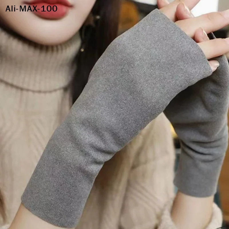 【MA3】1Pair Winter Warm Soft Velvet Half Finger Gloves For Women Soft Skin Suitable For Daily Office Writing Wrist Protection