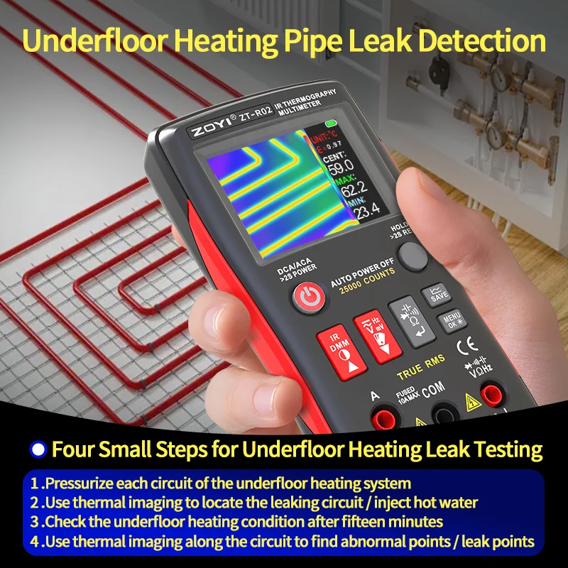 جهاز تصوير حراري ثنائي الفينيل متعدد الكلور مقاس 2.4 بوصة من الدرجة الصناعية ZOYI مع مقياس متعدد 25,000 عدد للاختبار الكهربائي للوحات الدوائر.