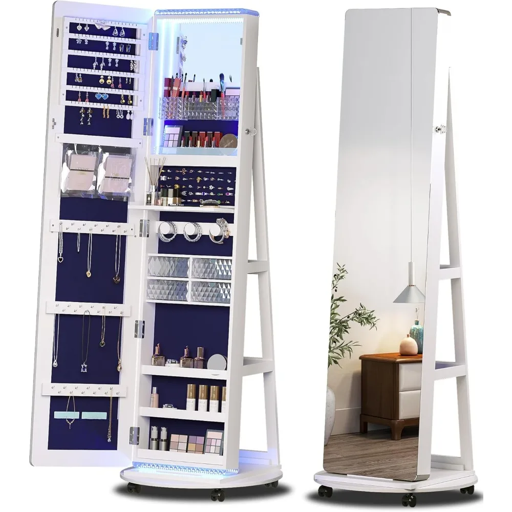 Full Length Mirror with Storage,Standing Mirror Jewelry Cabinet with 3 Color LED Lights, 360° Swivel Jewelry Armoire with Mirror