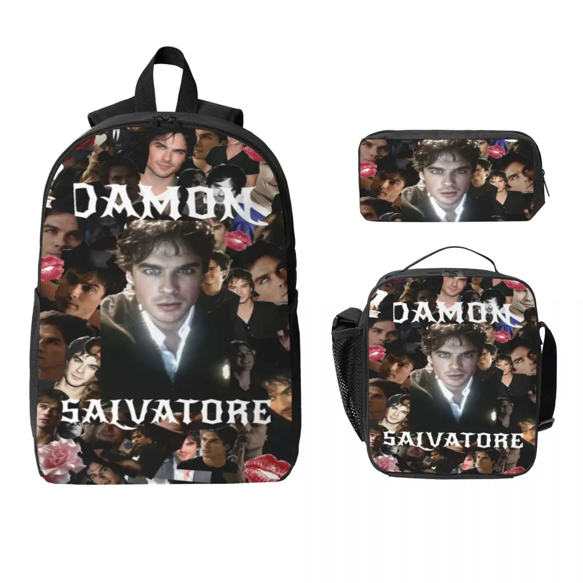 3Pcs Damon Salvatore Theme Backpack Set for Girls Boys Pencil Boxes Bookbag Sets with Lunch Box For School Students Knapsack