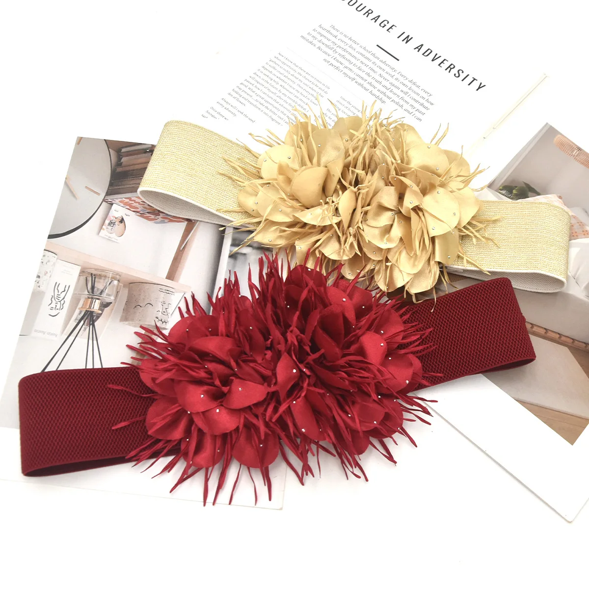 Women Width 6cm Cross border Elastic Wide Belt Exaggerated Big Flower Decorative Skirt Waist Cover Red Jewelry Accessories