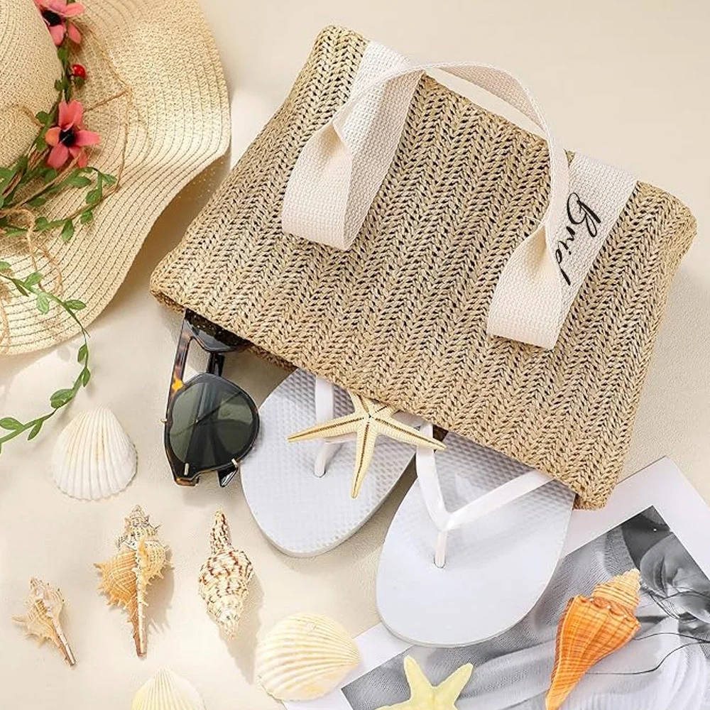 Personalized Custom Text Straw Beach Bag Burlap Tote Bag Bridesmaid Bag Bridal Party Gift Wedding Gift Bachelorette Bag