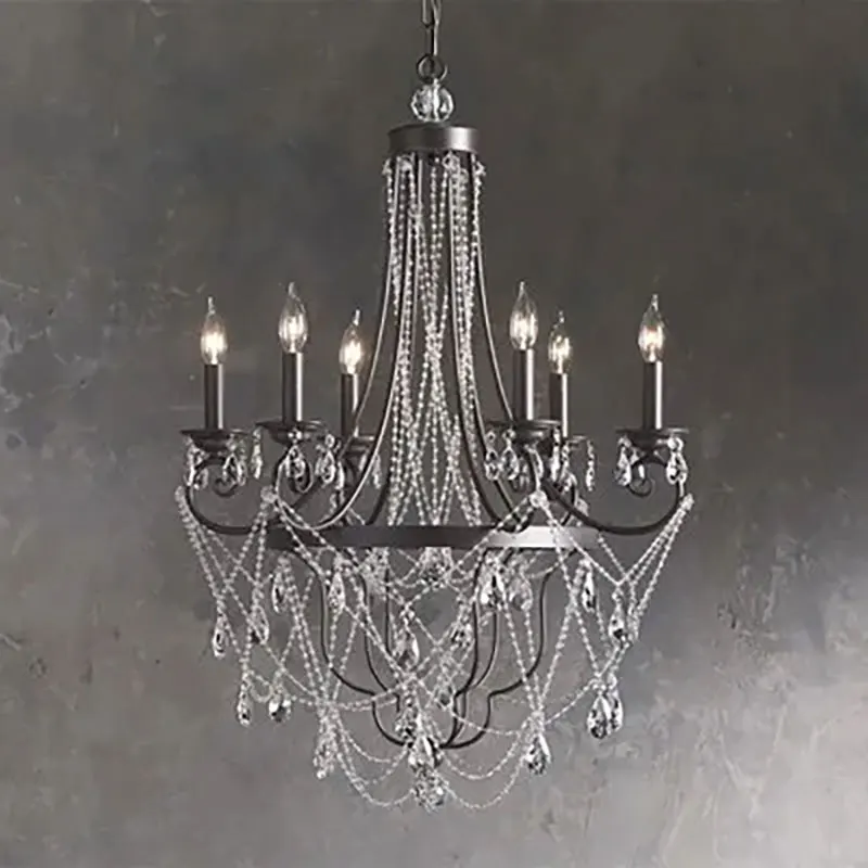 

French Vintage Iron Art Crystal Candle Home Decoration Pendant Light Villa Living Room Restaurant Light Hotel Lobby Lighting