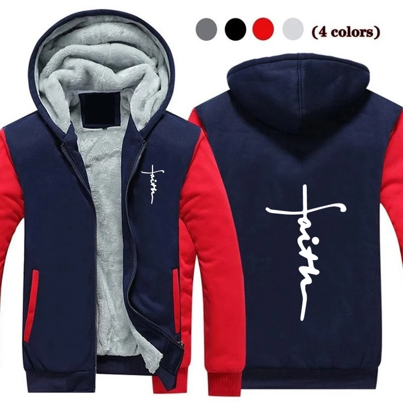 2023 new Winter Warm Faith Print Mens Zipper Hoodies Fleece Thicken Jacket Sweatshirt Coat S-5XL