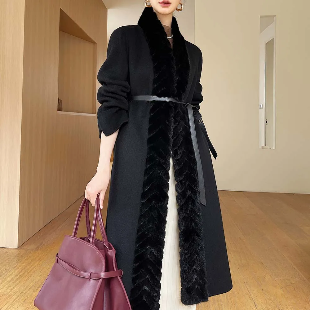 2025 inverno feminino jaqueta outerwear cinto 100% casaco de caxemira com gola de pele de vison real natural guarnição de pele de vison misturas de lã