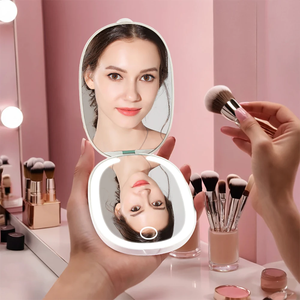 Flip Makeup Mirror with White Warm Dimmable LED Lights, 3X Magnification Oval Vanity Mirror, USB Rechargeable Portable Travel