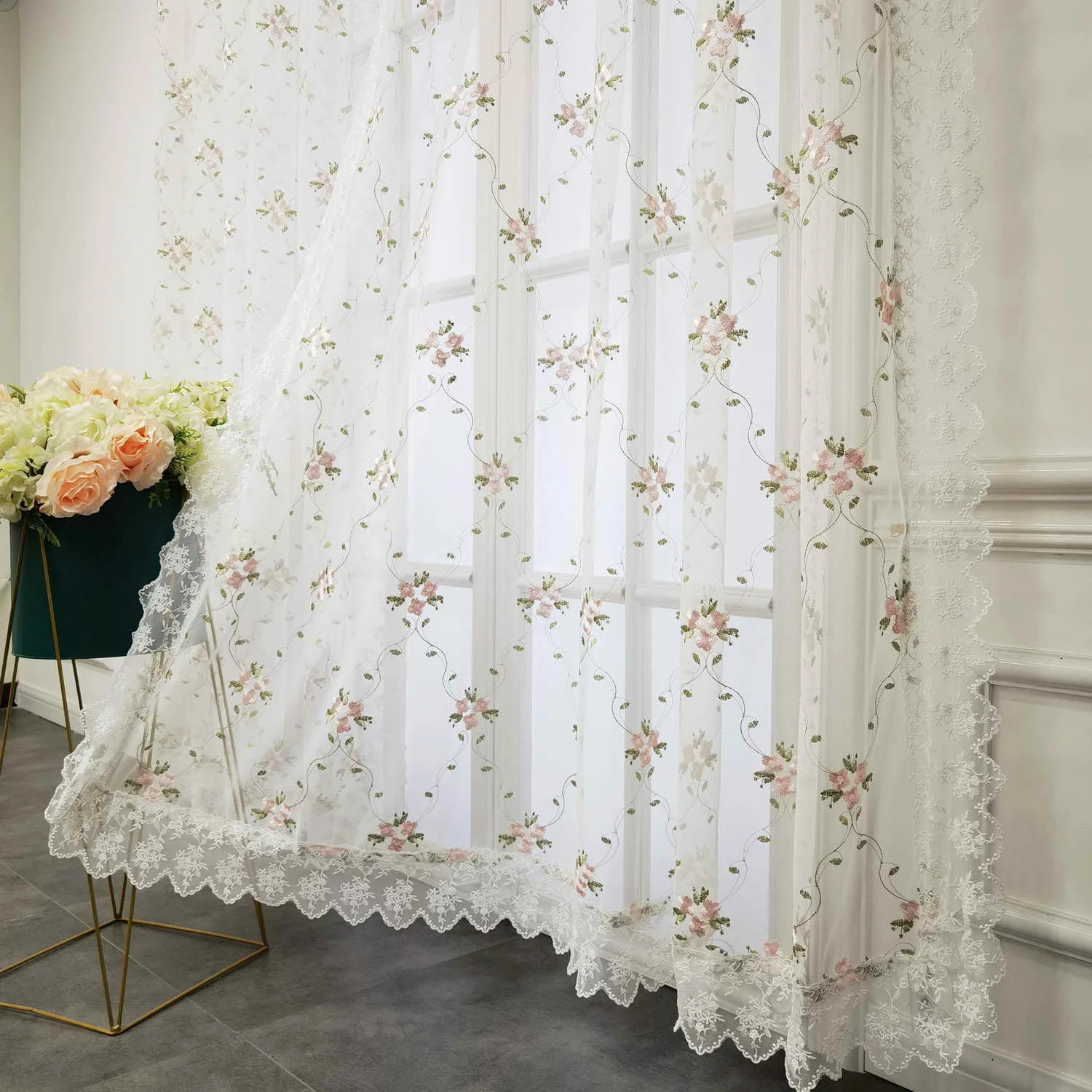 1PC Romantic Embroidery Lace Pink Floral Curtain for Living Room Sheer Voile Drape Princess Bedroom Wedding Home Decoration #E