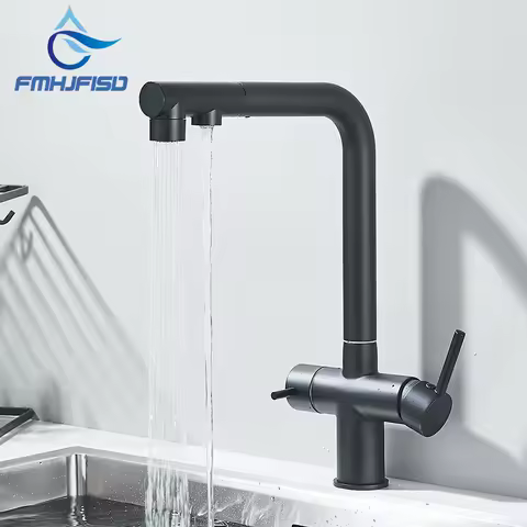 Filter Kitchen Faucet Dual Handles Deck Mounted Pull Out Mixer Tap 360 Degree Rotation Water Purification Crane