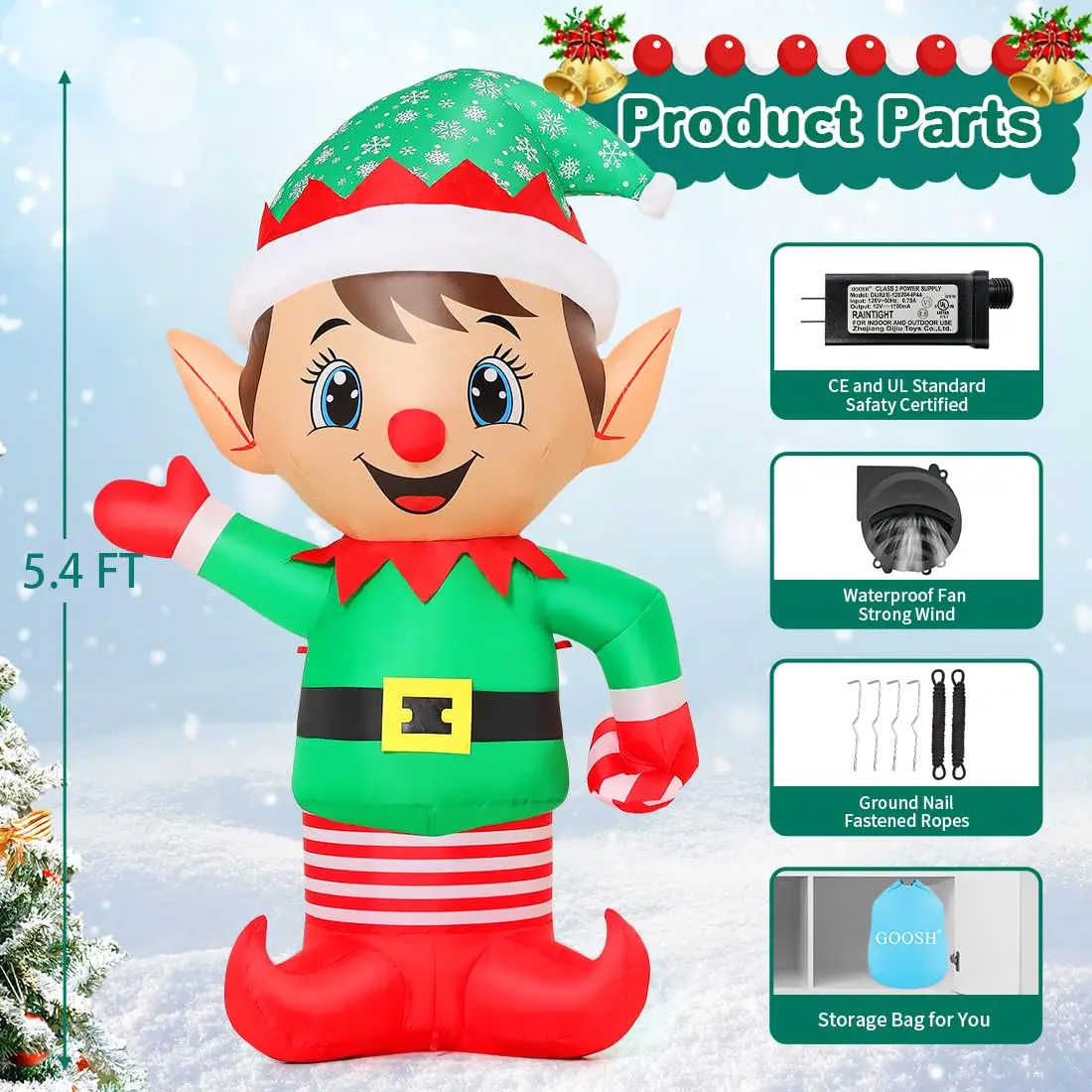 5.4 FT Christmas Inflatable Elf Cute Green Elf Blow up LED Lights Hot Sale Outdoor Christmas Decorations for Xmas