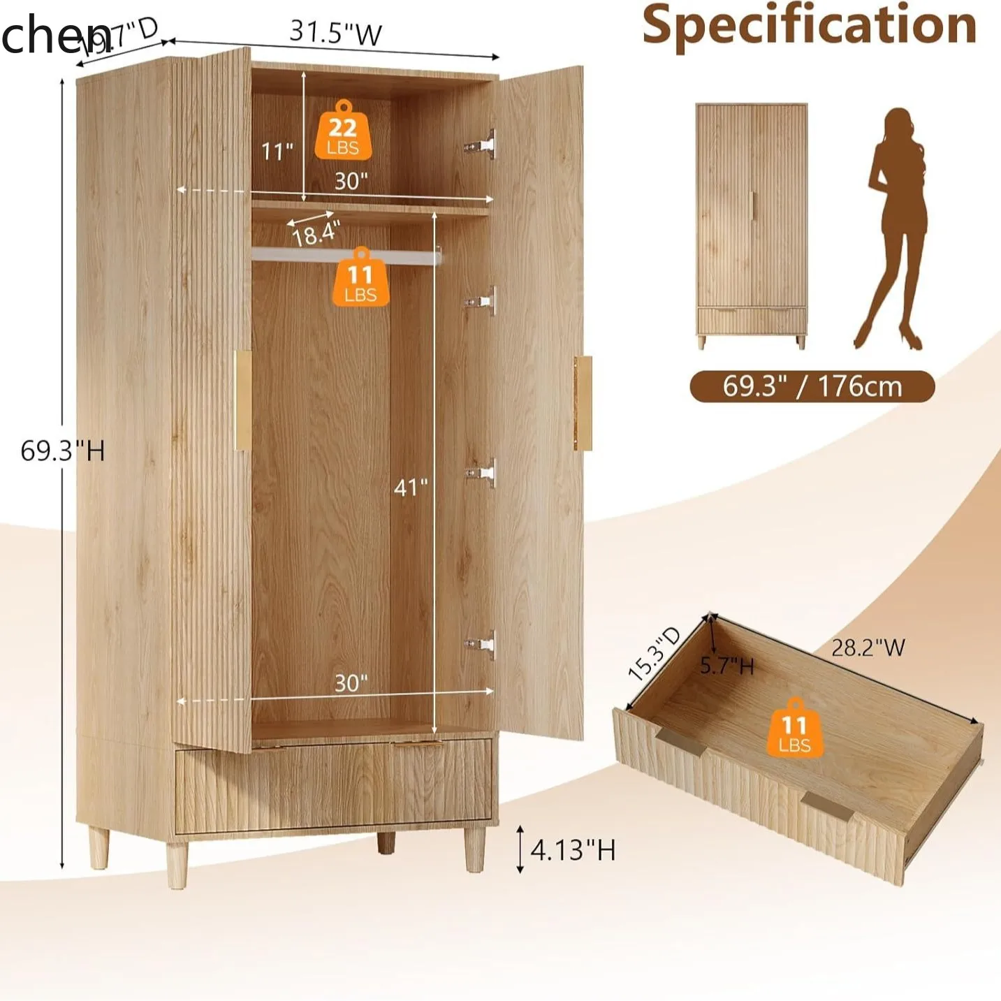 CZ Grooved wardrobe with doors and drawers, wardrobe with hanging rack, bedroom oak freestanding wardrobe with shelves