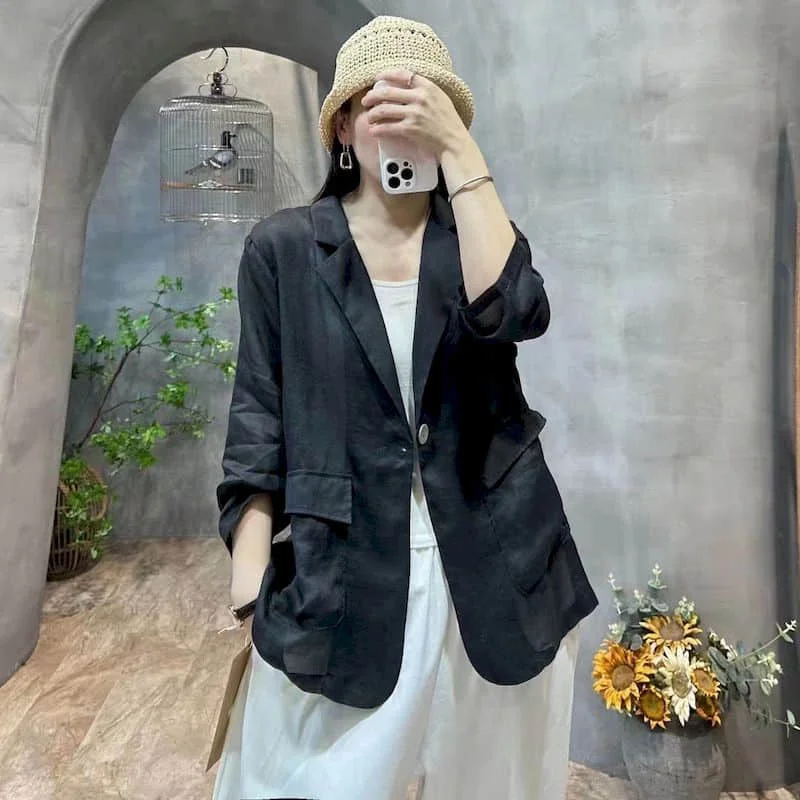 Cotton Linen Blazers for Women Vintage Long Sleeve Casual Korean Style Outerwears Mid Length Tailored Collar Coats Women Tops